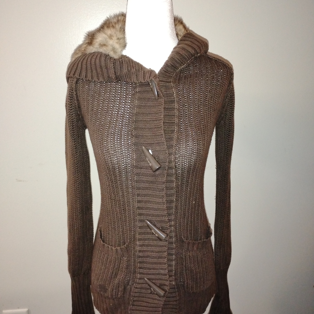 Mossimo Supply Co. Brown Hooded Toggle Cardigan with Faux Fur Trim